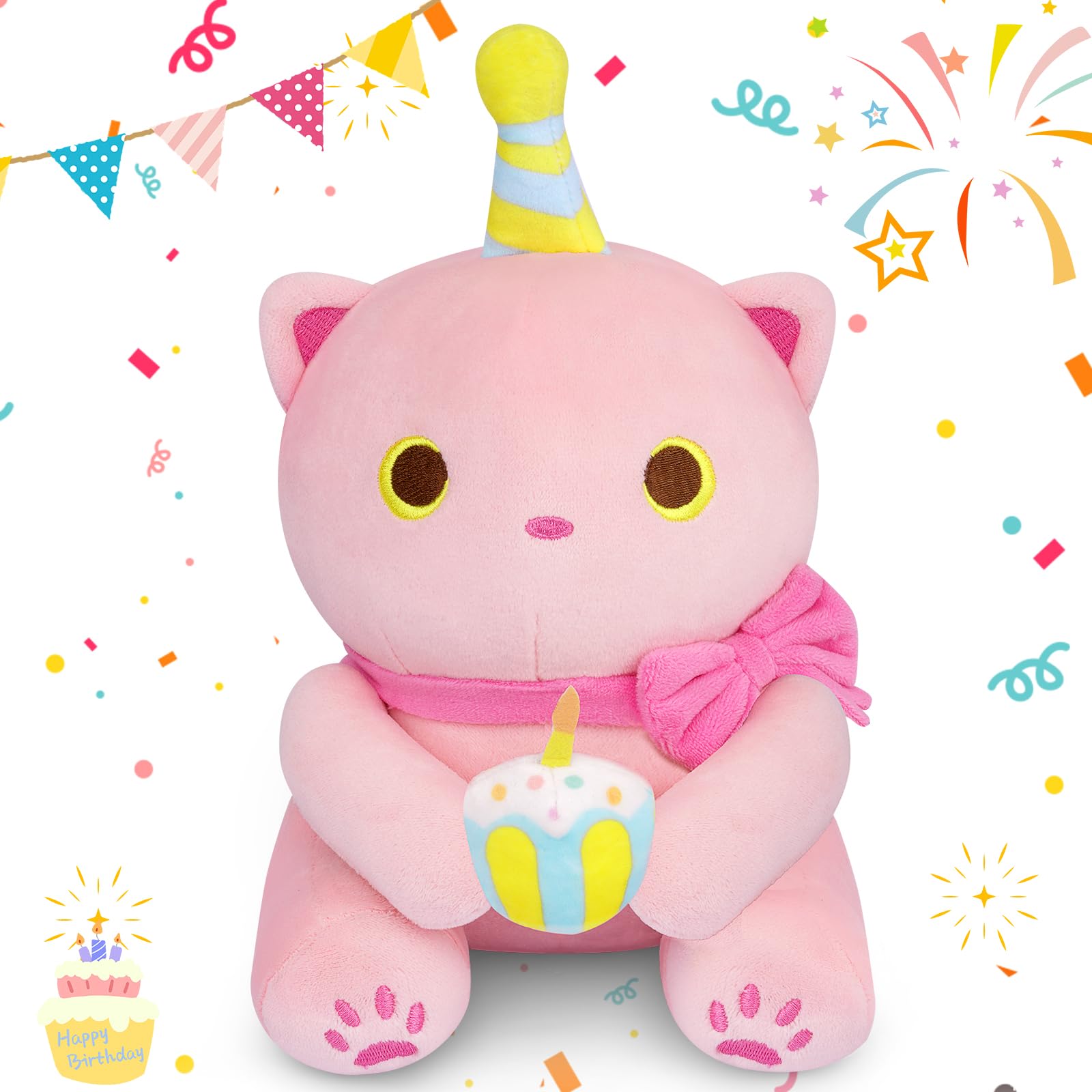 Cat Plush - Pink Cat Birthday Stuffed Animal, 8 Inch Cute Happy Birthday Plushies Plush Pillow, Soft Stuffed Cat Plush Toy Birth